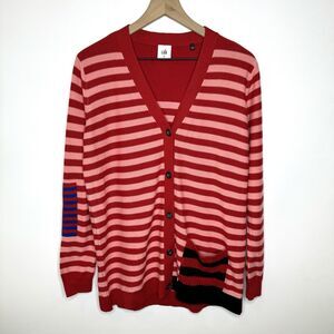 CABI Cardigan Sweater Women’s medium Red Stripe Long Cozy Classic Unique 5446
